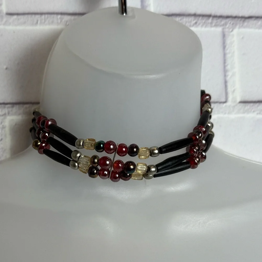 Vintage Handmade Beaded Multi- Strand Choker Necklace - Red, Gold & Black